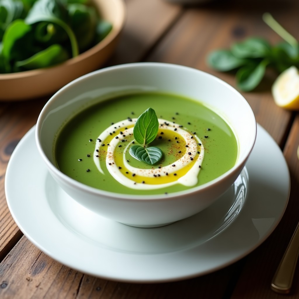 Cuenco blanco con crema de espinaca y tofu sedoso de color verde intenso, decorada con un hilo de aceite de oliva y semillas de sésamo tostadas, servida en mesa rústica.