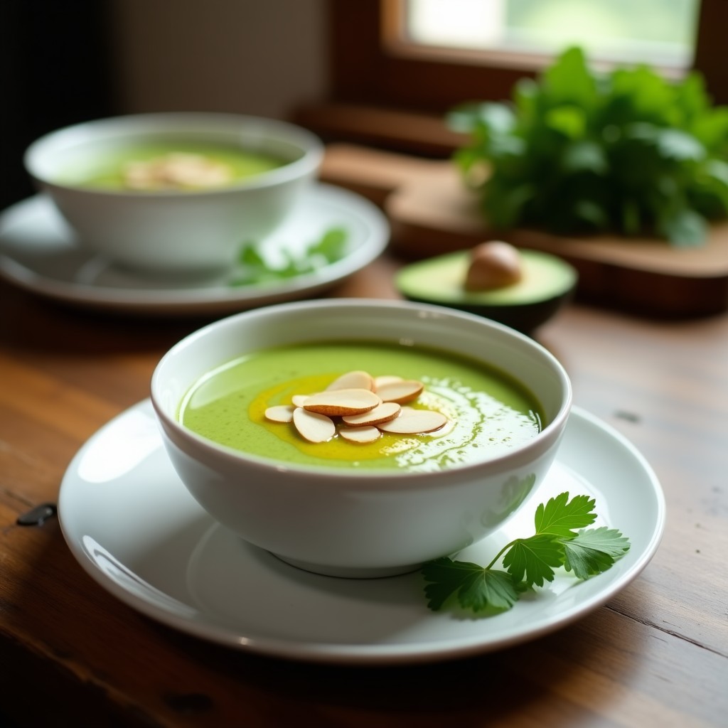 Cuenco blanco con crema de espinacas y aguacate sin lácteos, de color verde vibrante, decorada con almendras fileteadas y un hilo de aceite de oliva, servida sobre una mesa de madera rústica.