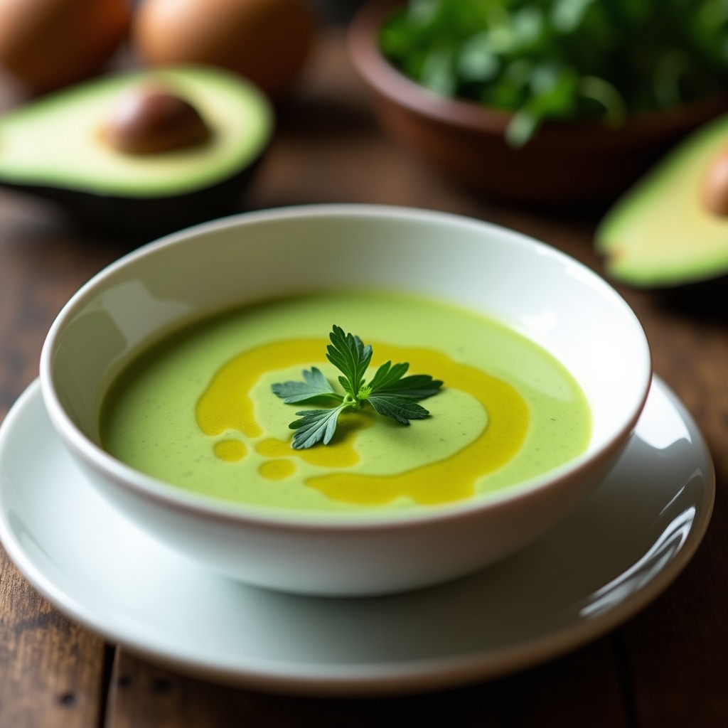 Cuenco blanco con crema de espinacas y aguacate sin lactosa, de color verde vibrante, decorada con perejil fresco y un hilo de aceite de oliva virgen extra sobre fondo rústico de madera.