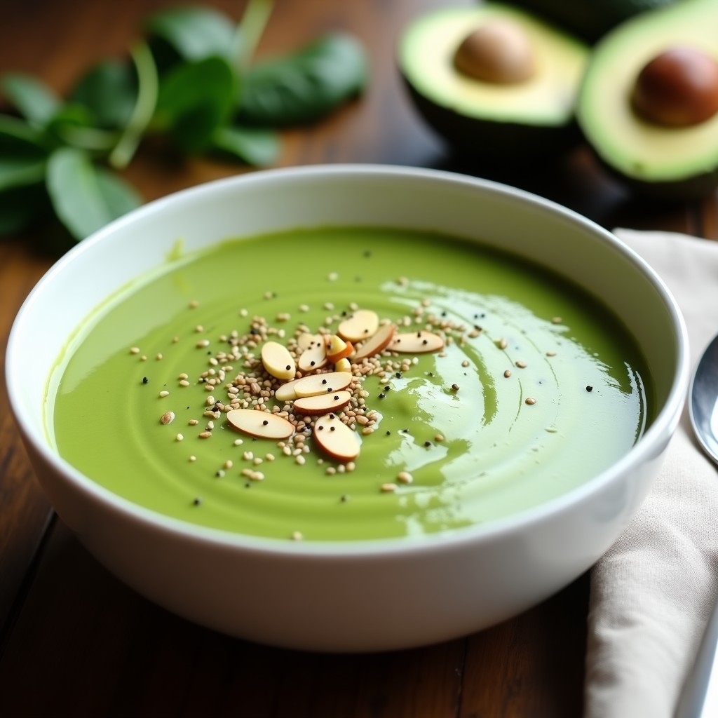 Cuenco blanco con crema de espinacas y aguacate de color verde vibrante, decorado con almendras fileteadas y semillas de sésamo, servido sobre una mesa de madera rústica.