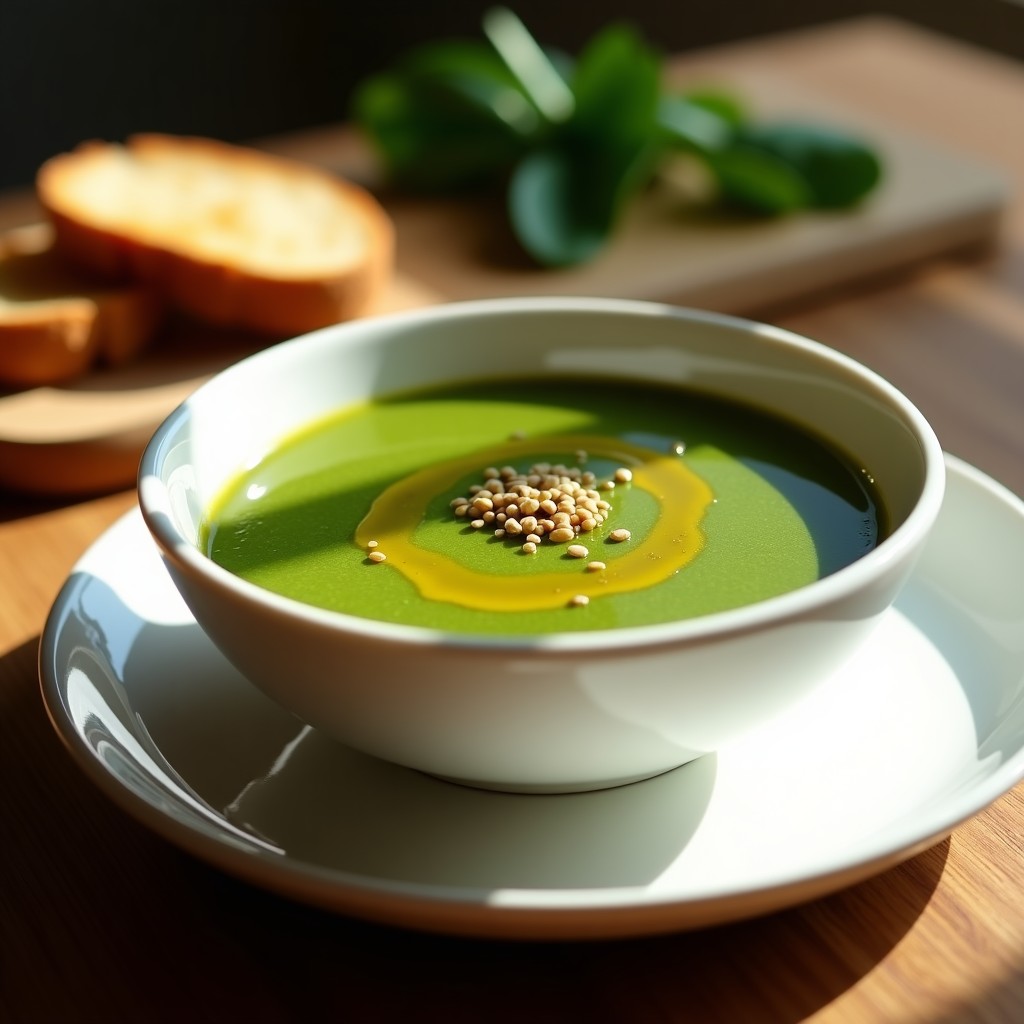 Cuenco blanco con crema de espinacas de color verde intenso, decorada con un hilo de aceite de oliva y semillas de sésamo, acompañada de rodajas de pan tostado. Receta de crema de espinacas con ajo negro en airfryer.