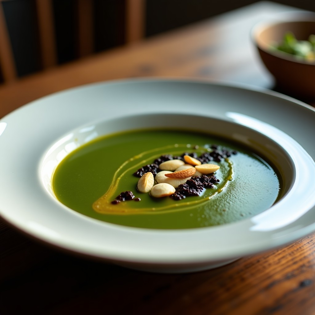 Crema de espinacas verde vibrante servida en cuenco blanco con hilo de aceite de oliva y almendras fileteadas tostadas, receta thermomix con ajo negro.