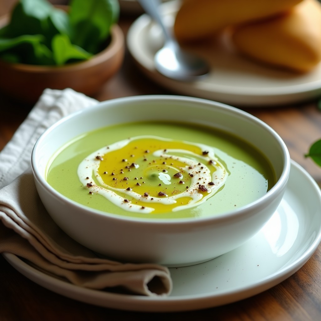 Cuenco blanco con crema de espinacas y alcachofas en airfryer, de color verde intenso con vetas cremosas, decorado con un hilo de aceite de oliva y pimienta negra, sobre fondo de madera rústica.