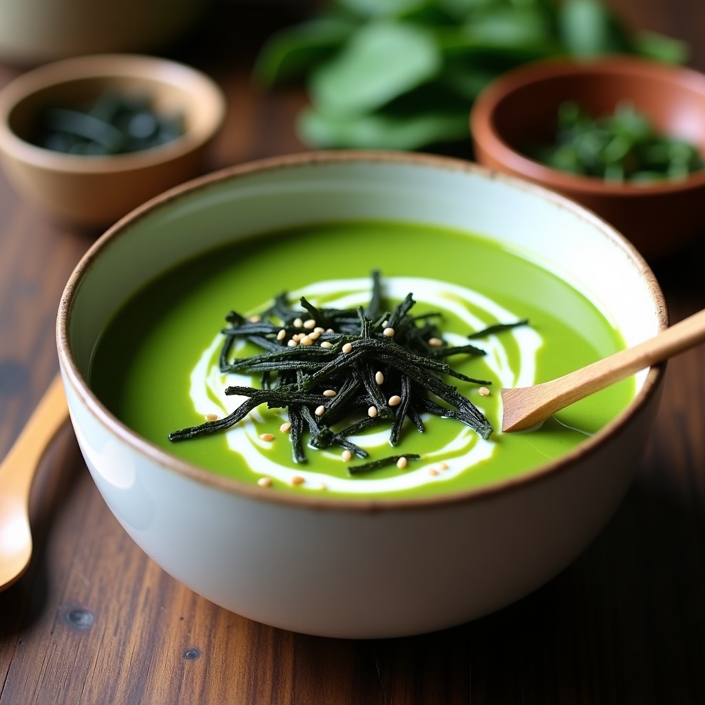 Cuenco blanco con crema de espinacas verde intenso, coronada con láminas de alga nori tostada y semillas de sésamo. Receta vegana de crema de espinacas con algas ahumadas, servida con cuchara de madera sobre fondo rústico.
