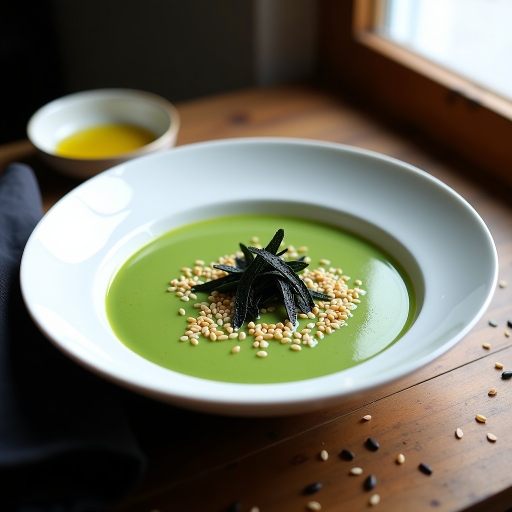 Cuenco blanco con crema de espinacas de color verde intenso, decorada con semillas de sésamo tostadas y láminas de alga nori, receta umami vegana.