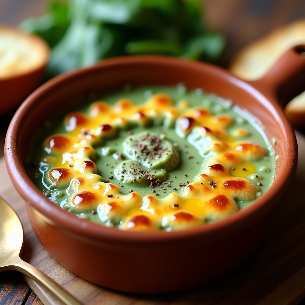 Fuente de barro con crema de espinacas verde intenso gratinada con queso de cabra dorado y burbujeante, servida en plato rústico.