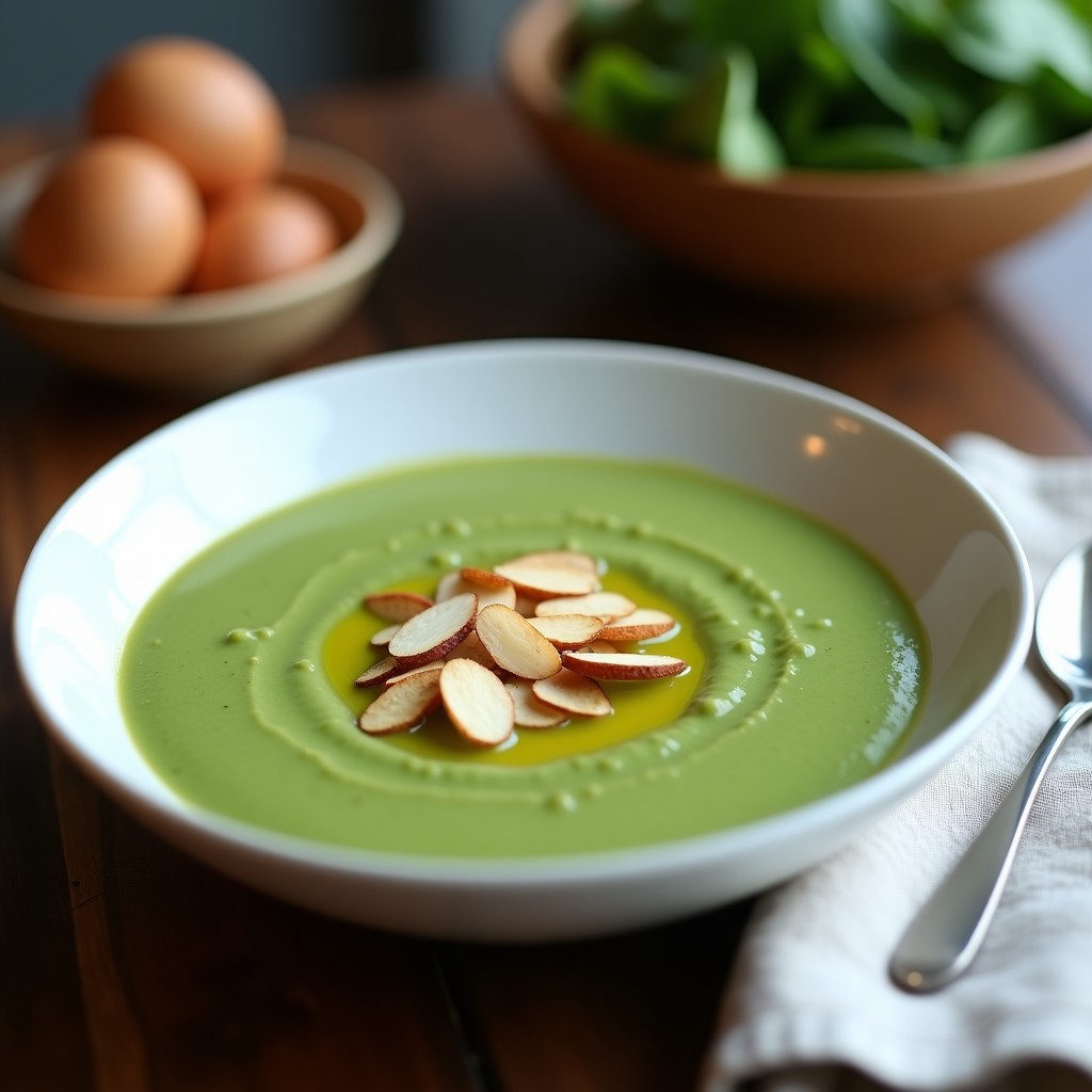 Cuenco blanco con crema de espinacas con almendras, textura sedosa y color verde intenso, decorada con almendras fileteadas tostadas y un hilo de aceite de oliva, servida en mesa rústica.