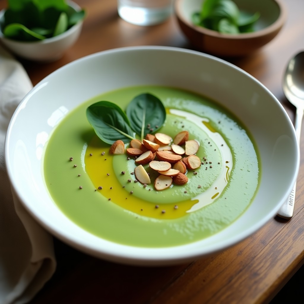 Cuenco blanco con crema de espinacas de color verde intenso, decorada con almendras fileteadas tostadas y un hilo de aceite de oliva virgen extra, servida en mesa rústica.
