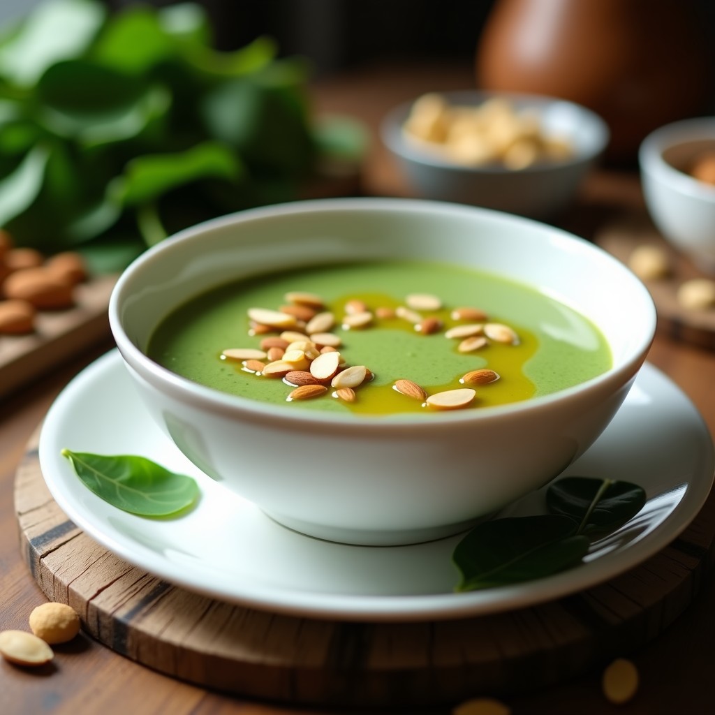 Plato blanco hondo con crema de espinacas vegana de color verde intenso, servida con un hilo de aceite de oliva y semillas de almendra tostadas por encima. Receta de crema de espinacas con leche de almendras cremosa y saludable.