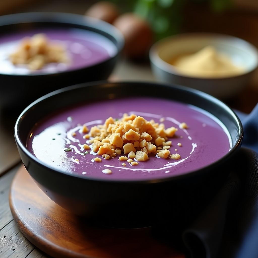 Cuenco hondo de cerámica negra con crema de espinacas y batata morada de color vibrante, coronada con un crumble dorado de nueces y semillas de sésamo. Sopa antiinflamatoria en olla exprés con textura sedosa y toques cremosos.