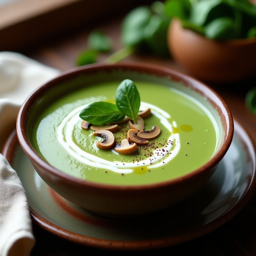 Crema de espinacas y champiñones en cuenco de barro, color verde intenso con vetas cremosas, decorada con pimienta negra y un hilo de aceite de oliva. Plato vegano y saludable.