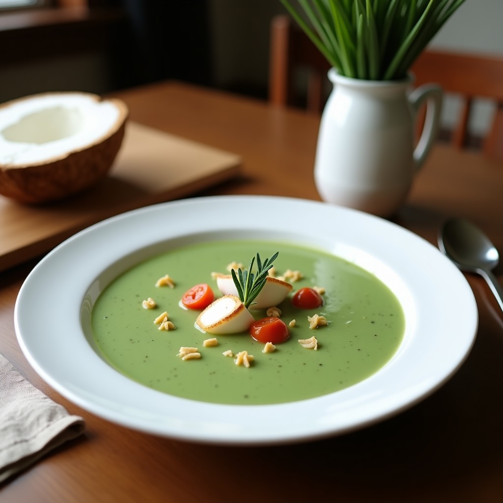 Cuenco blanco con crema de espinacas y coco en airfryer, textura sedosa y color verde vibrante, decorada con hilo de leche de coco y rodaja de limón.