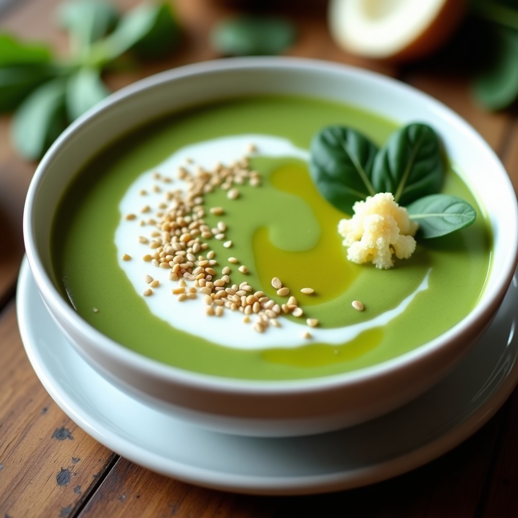 Crema de espinacas y coliflor en Thermomix, textura sedosa y color verde vibrante, servida en un bol blanco con semillas de sésamo y chorrito de aceite de oliva.