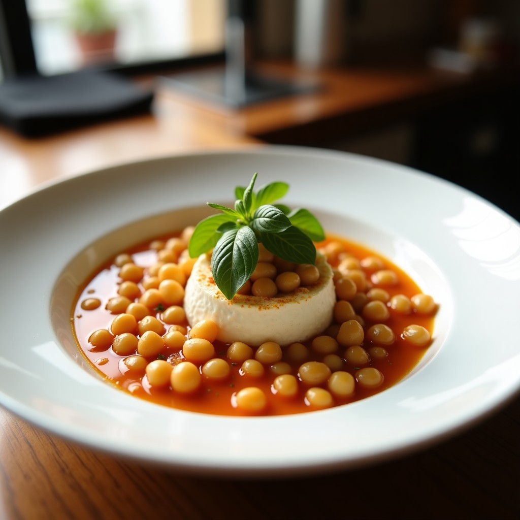 Cuenco hondo de cerámica blanca con crema de espinacas y garbanzos ahumados, decorada con garbanzos tostados, pimentón ahumado y un hilo de aceite de oliva virgen extra. Fondo rústico con pan integral.