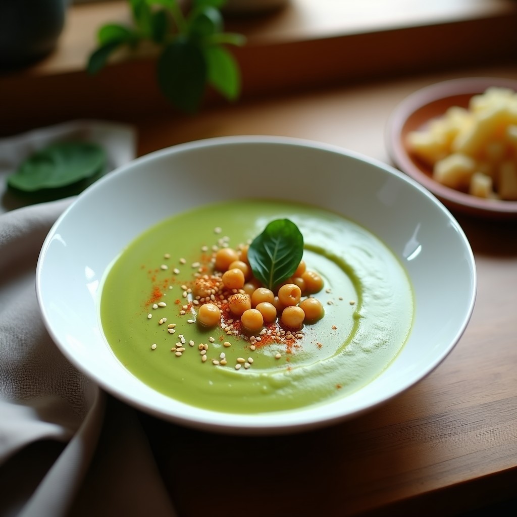 Cuenco de cerámica blanca con crema de espinacas y garbanzos ahumados, decorada con un hilo de aceite de oliva y semillas de sésamo tostadas, servida sobre una mesa de madera rústica.