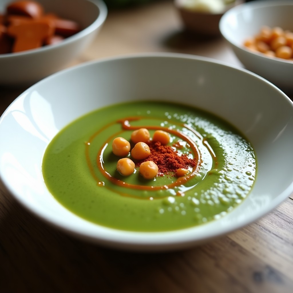 Cuenco de cerámica blanca con crema de espinacas y garbanzos ahumados, decorado con hilo de aceite de oliva y pimentón ahumado, servido sobre una mesa de madera rústica.