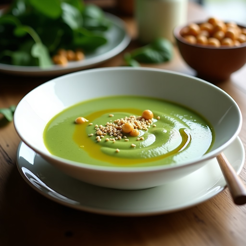 Crema espesa de espinacas y garbanzos servida en cuenco blanco con hilo de aceite de oliva y semillas de sésamo, receta probiótica con kéfir.