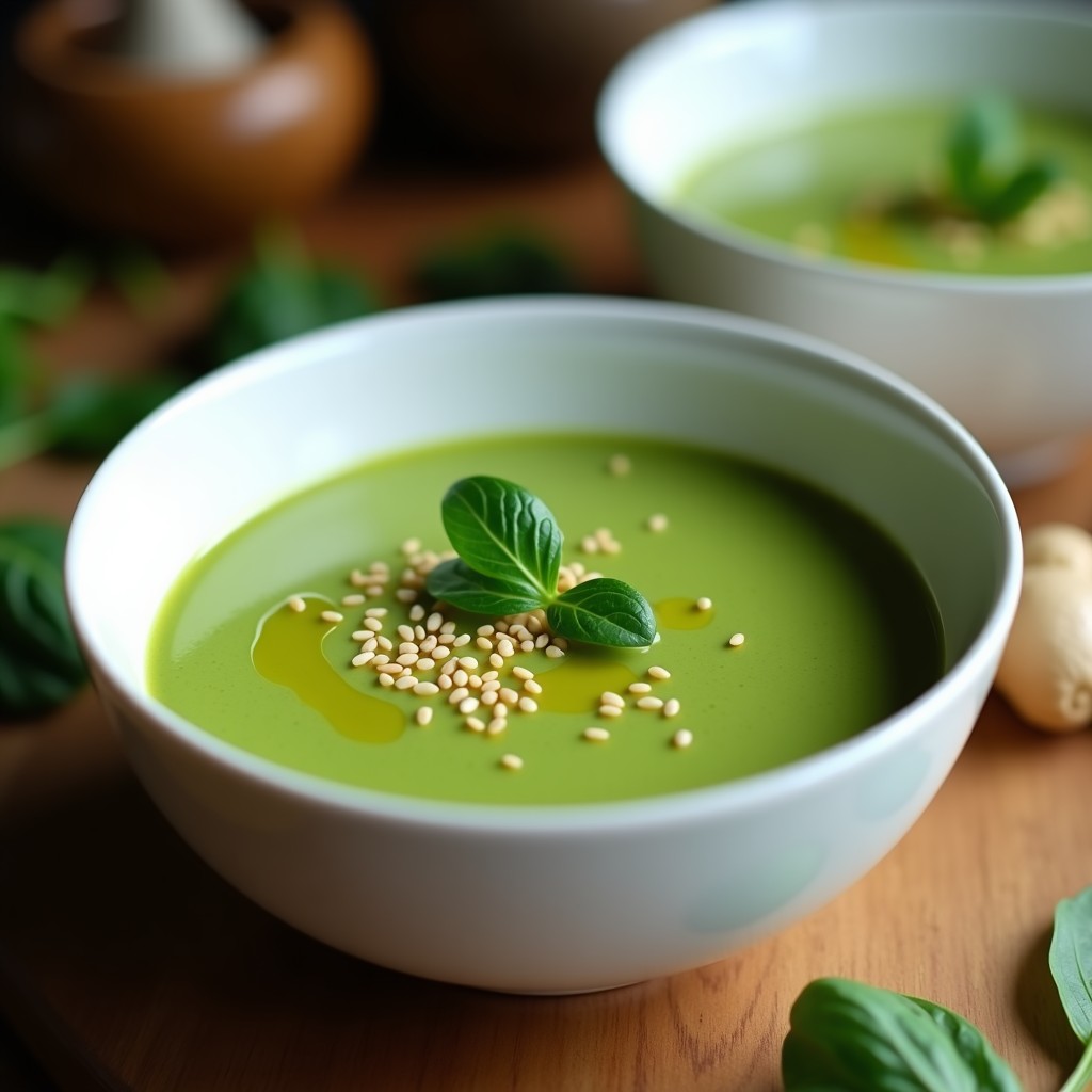 Cuenco blanco con crema de espinacas y jengibre de color verde intenso, decorada con un hilo de aceite de oliva y semillas de sésamo, sobre fondo rústico de madera.