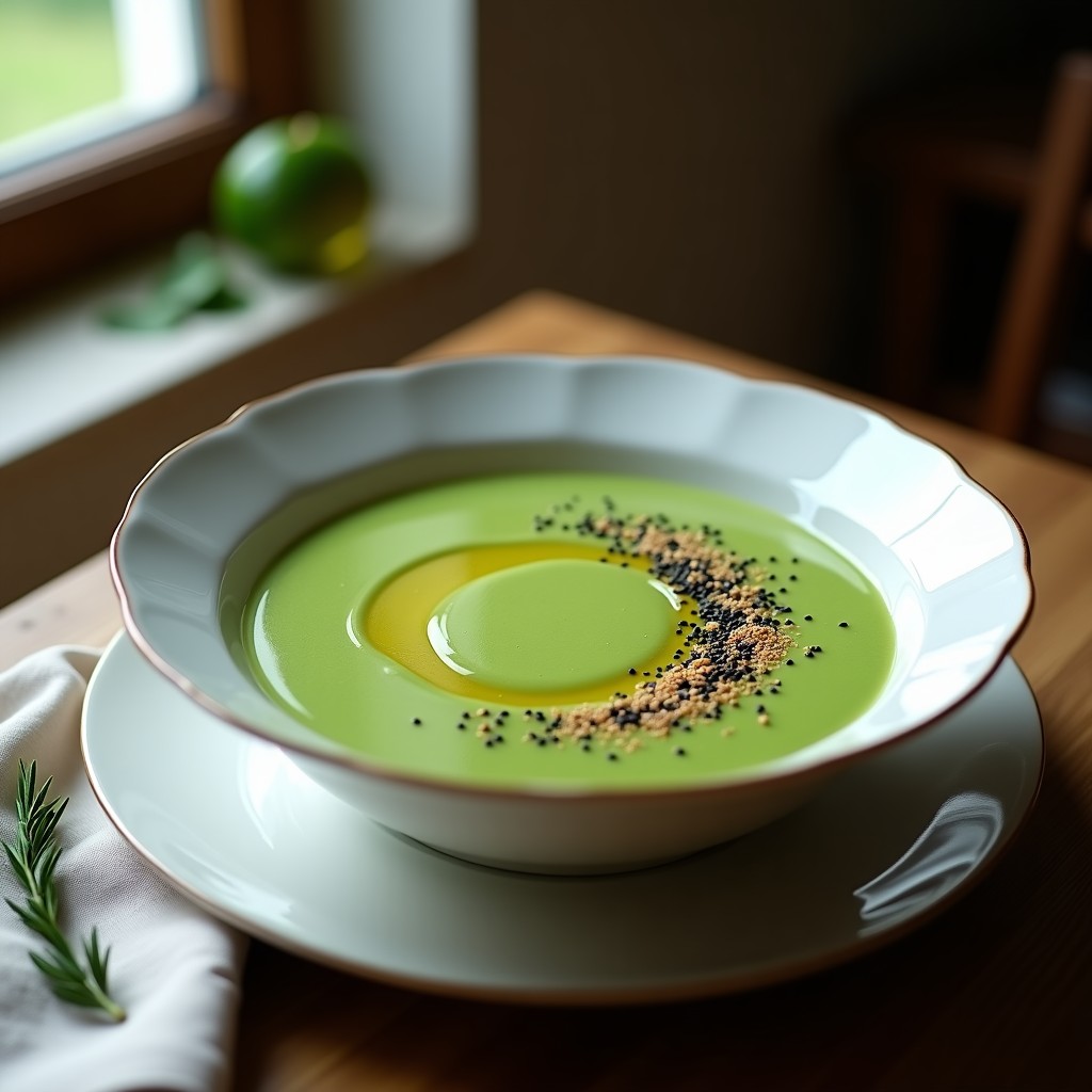 Crema de espinacas vegana en cuenco blanco con hilo de aceite de jojoba, decorada con semillas de sésamo y una pizca de nuez moscada.