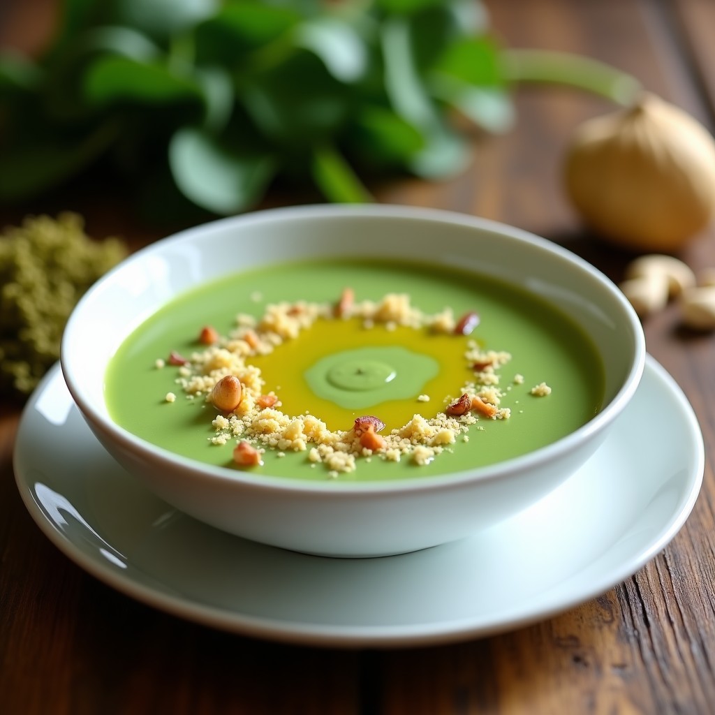 Crema de espinacas vegana en cuenco blanco con textura sedosa, decorada con hilo de aceite de oliva, levadura nutricional y virutas de anacardo tostado. Fondo rústico con musgo de roble y espinacas frescas.