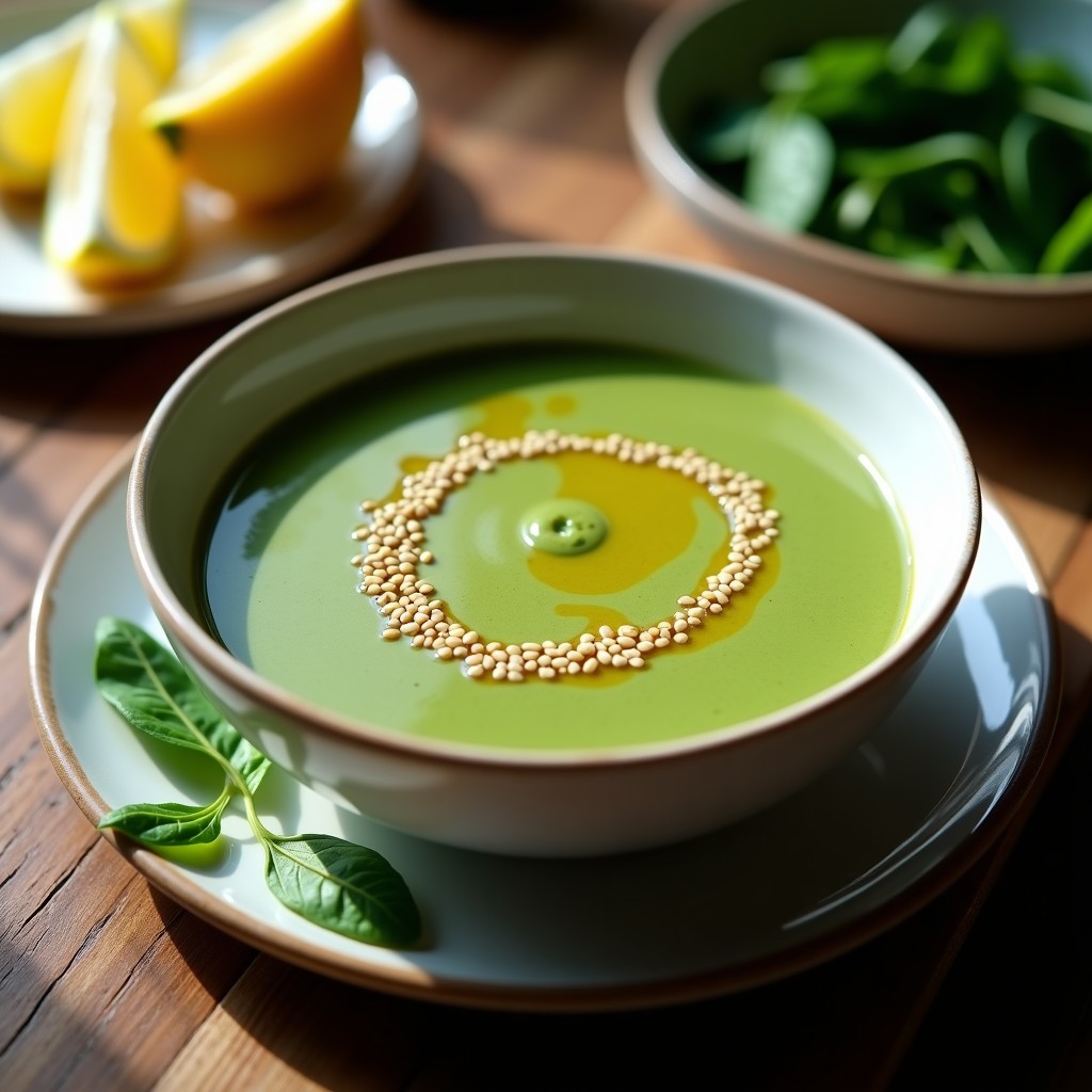 Bowl blanco con crema de espinacas con tahini, textura sedosa y color verde intenso, decorada con hilo de aceite de oliva y semillas de sésamo tostadas. Plato vegano y sin gluten.