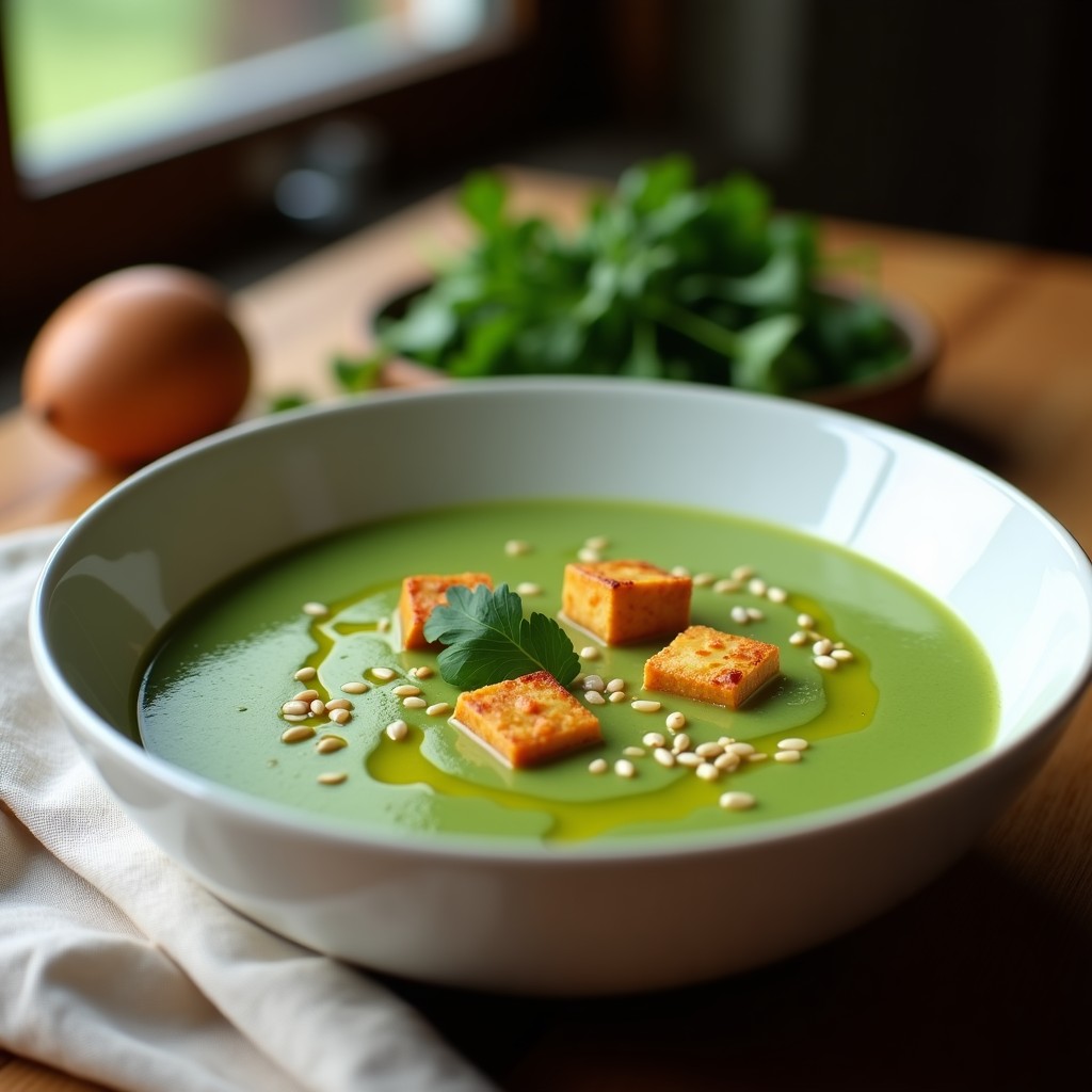 Cuenco blanco con crema de espinacas y tofu ahumado, textura sedosa, decorada con cubos de tofu dorado y semillas de sésamo, fondo rústico de madera.