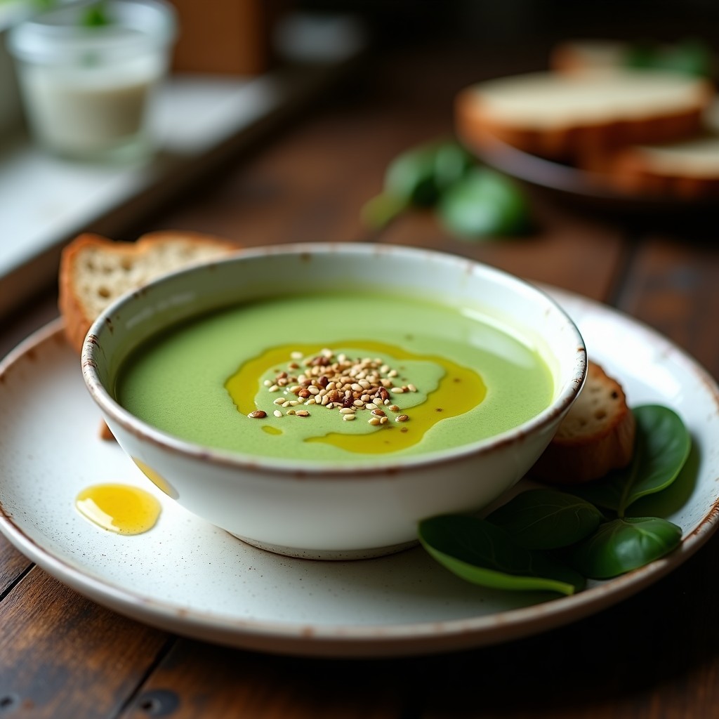 Cuenco blanco con crema de espinacas y tofu ahumado, decorada con semillas de sésamo y aceite de oliva, sobre fondo rústico de madera.