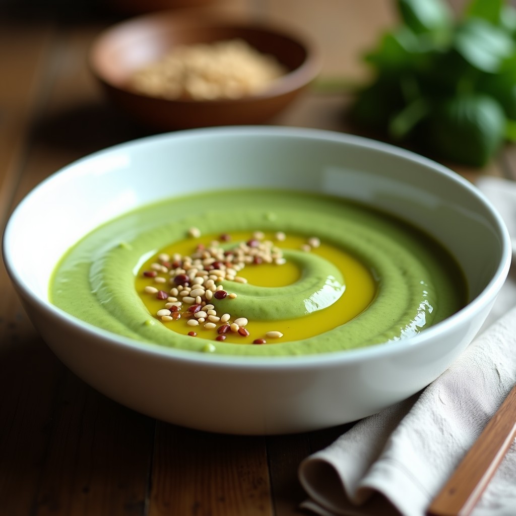 Cuenco blanco con crema de espinacas y tofu ahumado en Thermomix, textura sedosa, decorada con semillas de sésamo y un hilo de aceite de oliva, fondo rústico de madera.