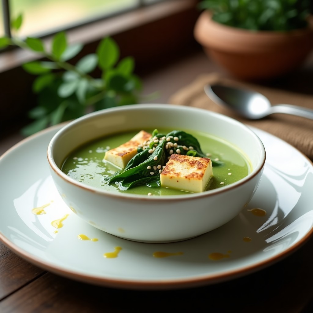 Cuenco hondo de cerámica blanca con crema de espinacas de color verde intenso y trozos de tofu seda blanco, decorado con semillas de sésamo y un hilo de aceite de oliva. Plato de receta vegana alta en hierro y proteína.