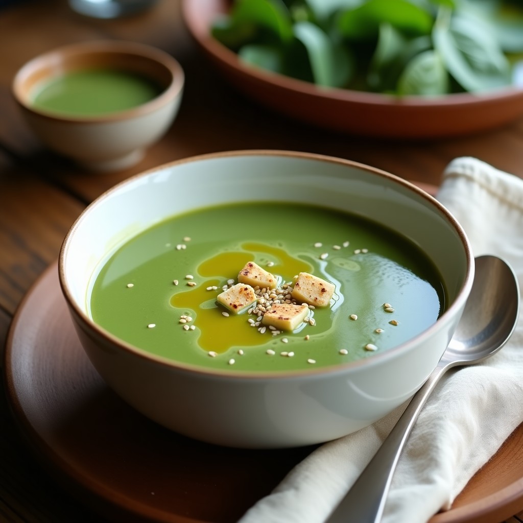 Cazuela de barro blanca con crema de espinacas y tofu sedosa, de color verde intenso, decorada con un hilo de aceite de oliva y semillas de sésamo tostadas. Plato vegano y cremoso.