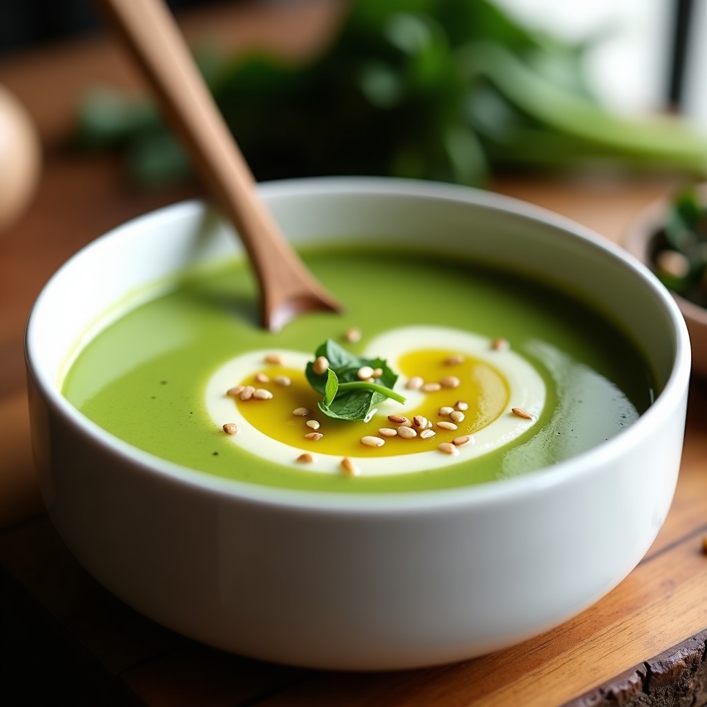 Cuenco blanco con crema de espinacas y tofu sedoso de color verde intenso, decorada con un hilo de aceite de oliva y semillas de sésamo, servida con una cuchara de madera sobre fondo rústico.