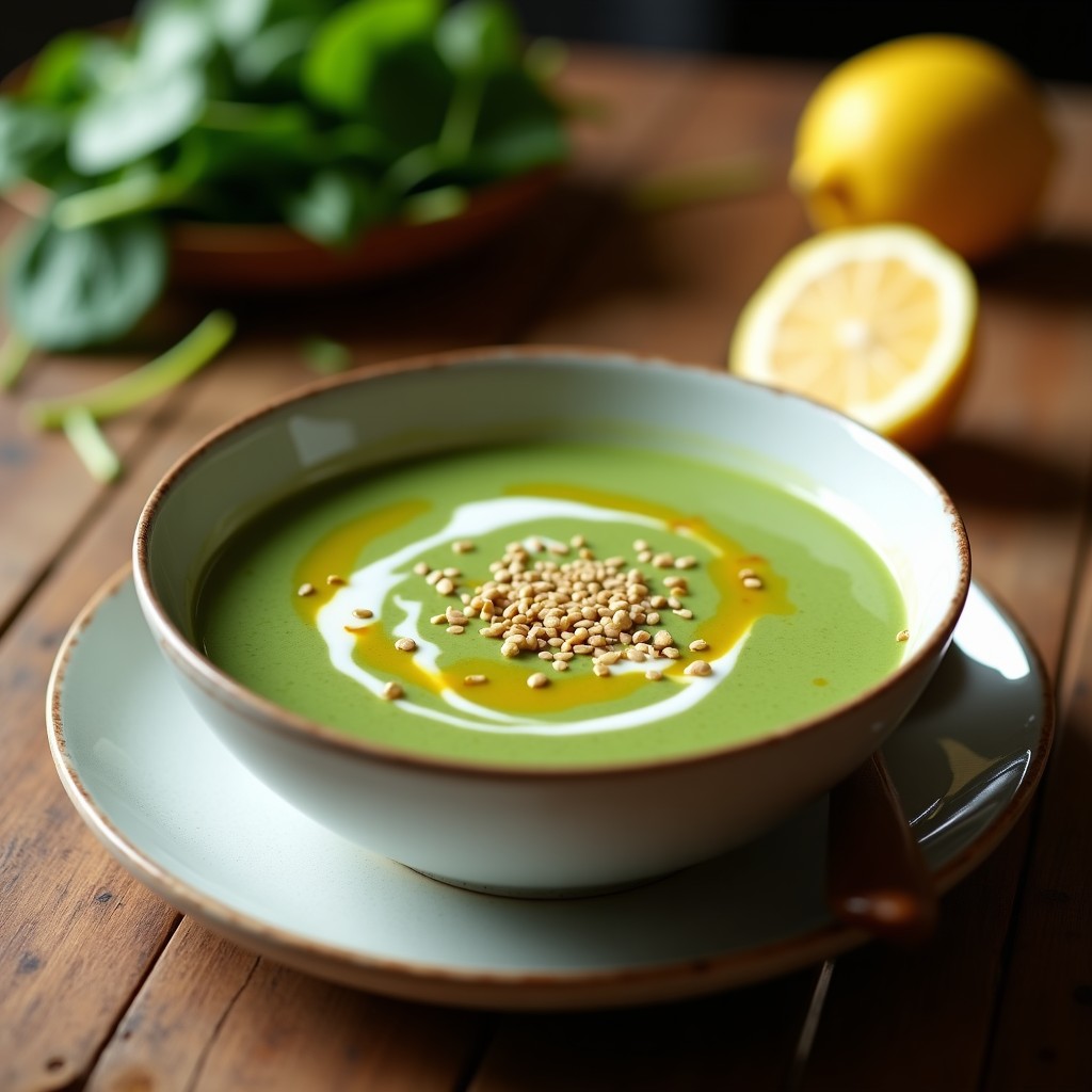 Bol rústico de cerámica blanca con crema de espinacas y tofu sedoso de color verde vibrante, decorada con un hilo de aceite de oliva y semillas de sésamo tostadas, servida con una cucharita de madera.