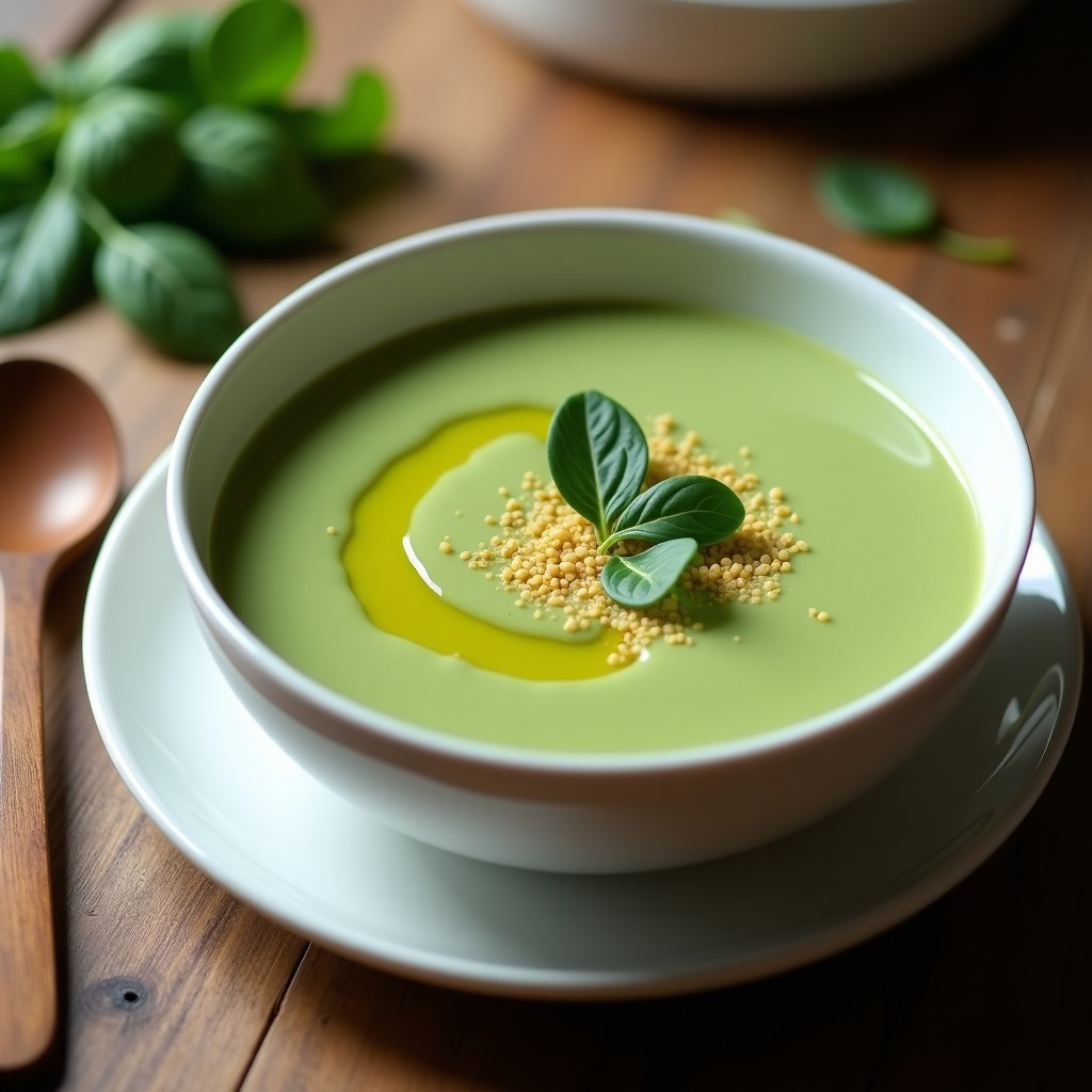 Crema de espinacas y tofu sedoso servida en cuenco blanco con espirales de aceite de oliva y semillas de sésamo tostadas, receta ollas superpuestas.