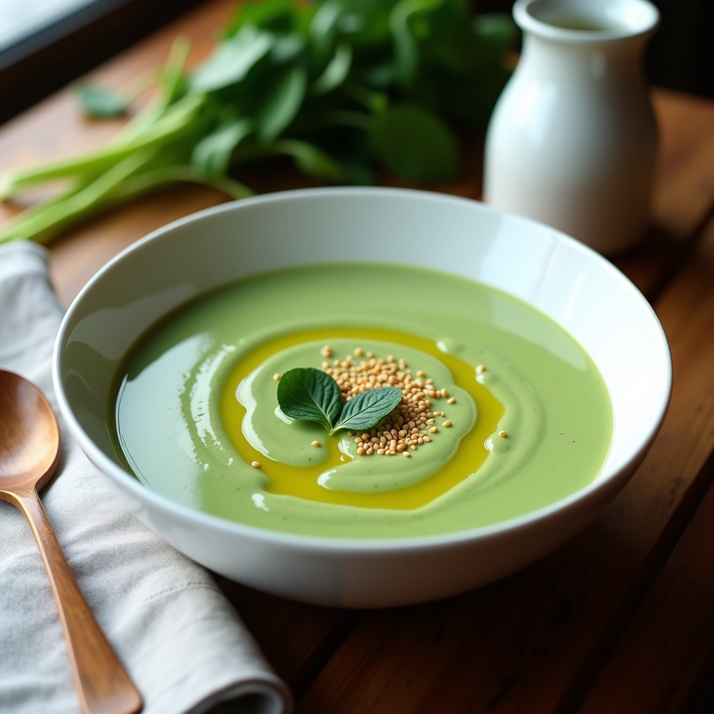 Cuenco blanco con crema de espinacas y tofu sedoso de color verde intenso, decorado con un hilo de aceite de oliva y semillas de sésamo tostadas, receta thermomix sin lácteos.