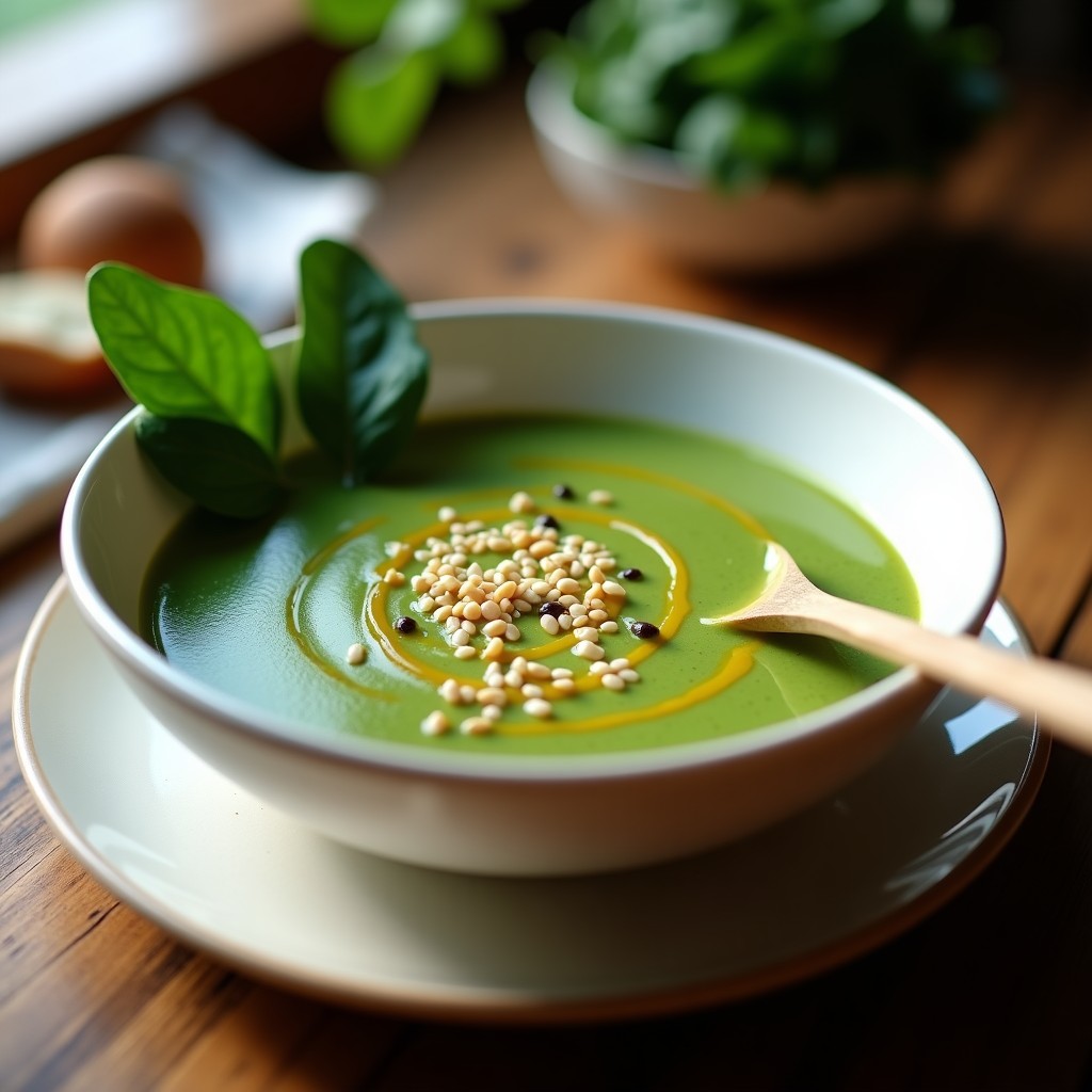 Crema de espinacas y tofu sedoso en un bol blanco con cuchara de madera, decorada con semillas de sésamo y un hilo de aceite de oliva, sobre fondo de madera rústica.