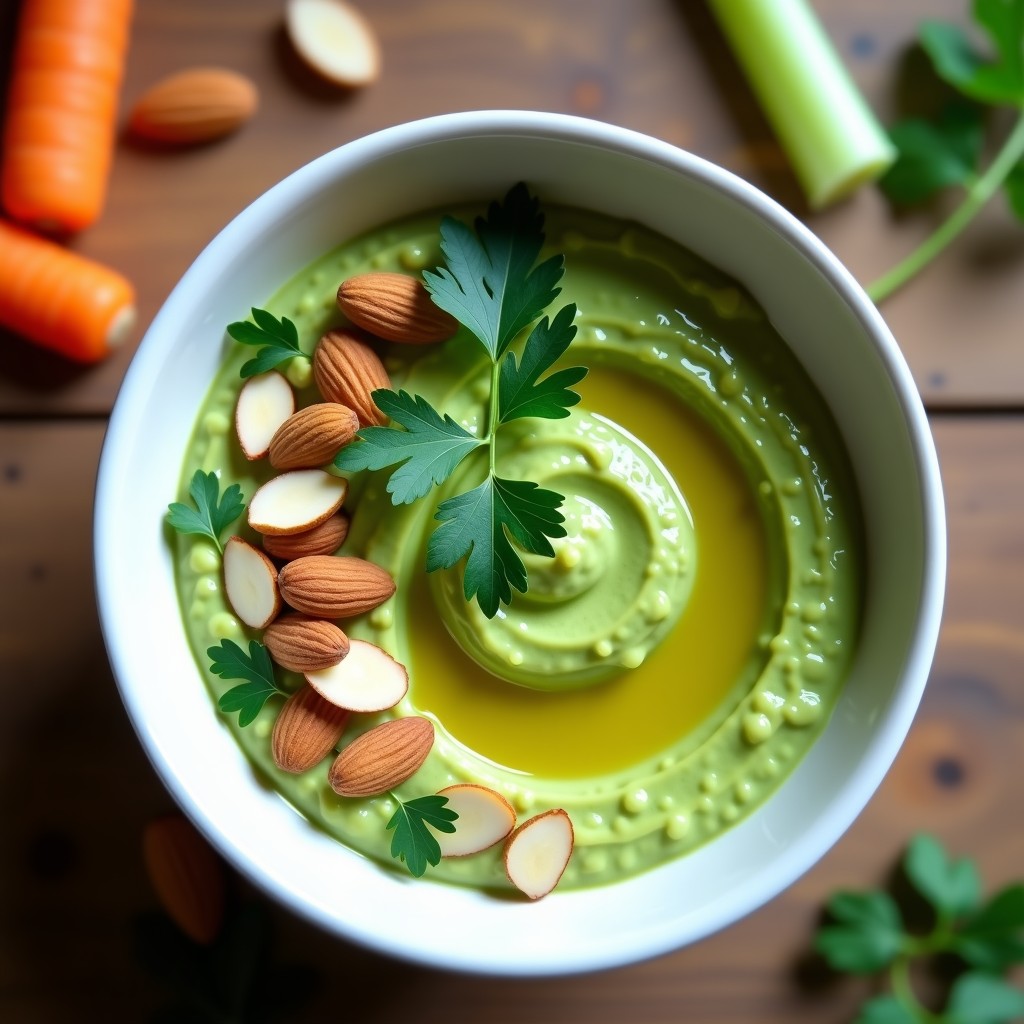 Bol de cerámica blanca con crema de espirulina y aguacate de color verde intenso, decorada con almendras fileteadas, perejil fresco y un hilo de aceite de oliva. Acompañada de bastones de zanahoria y apio sobre una mesa de madera rústica.
