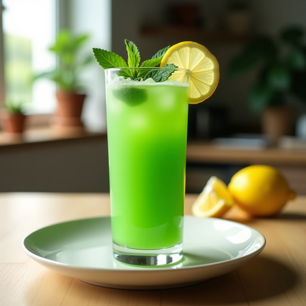 Vaso alto de cristal con crema fría de espirulina y limón, decorado con hojas de menta y una rodaja de limón, sobre fondo de madera clara.