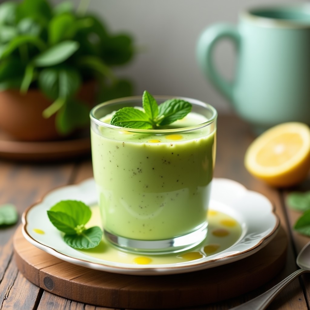 Copa de cristal transparente con crema fría de aguacate y espinacas, decorada con hojas de menta fresca y un hilo de aceite de oliva virgen extra, sobre fondo rústico de madera.