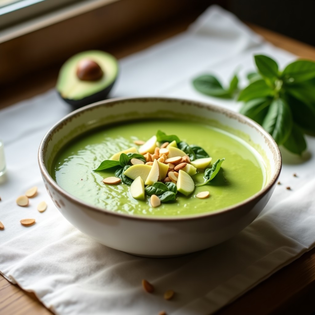 Cuenco de cerámica blanca con gaspatxo verde de aguacate y espinaca, decorado con rodajas de manzana verde, trozos de aguacate y almendras fileteadas, sobre un mantel de lino con hielos al fondo.