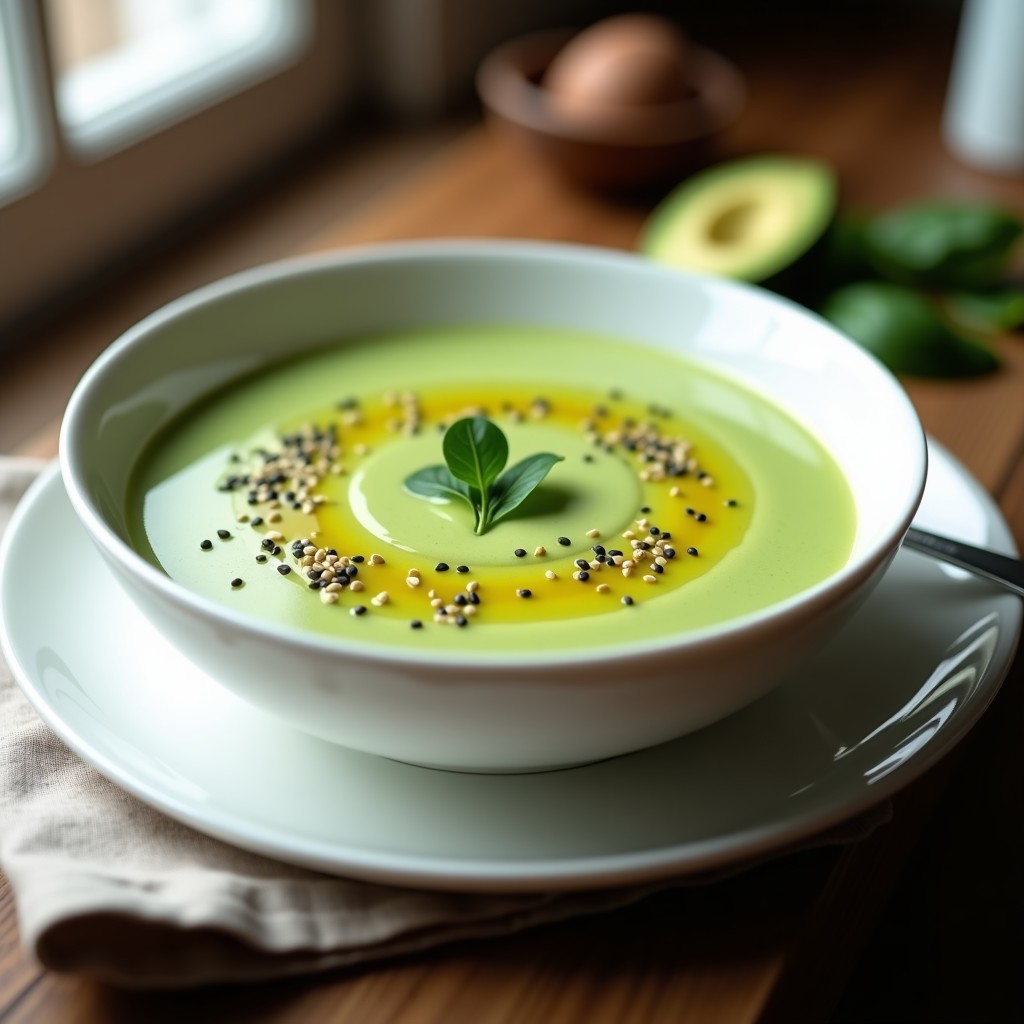 Cuenco blanco con crema fría de aguacate y espinaca de color verde vibrante, coronada con un hilo de aceite de oliva y semillas de sésamo, servida sobre una mesa de madera rústica.