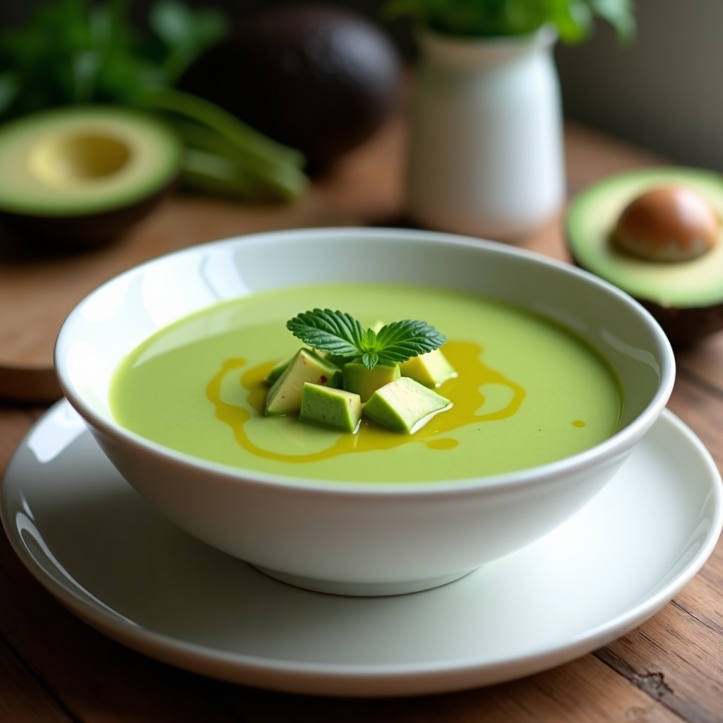 Cuenco blanco con crema fría de aguacate y espinacas en Thermomix, decorada con trozos de aguacate y hojas de menta, sobre una mesa de madera rústica con fondo desenfocado.