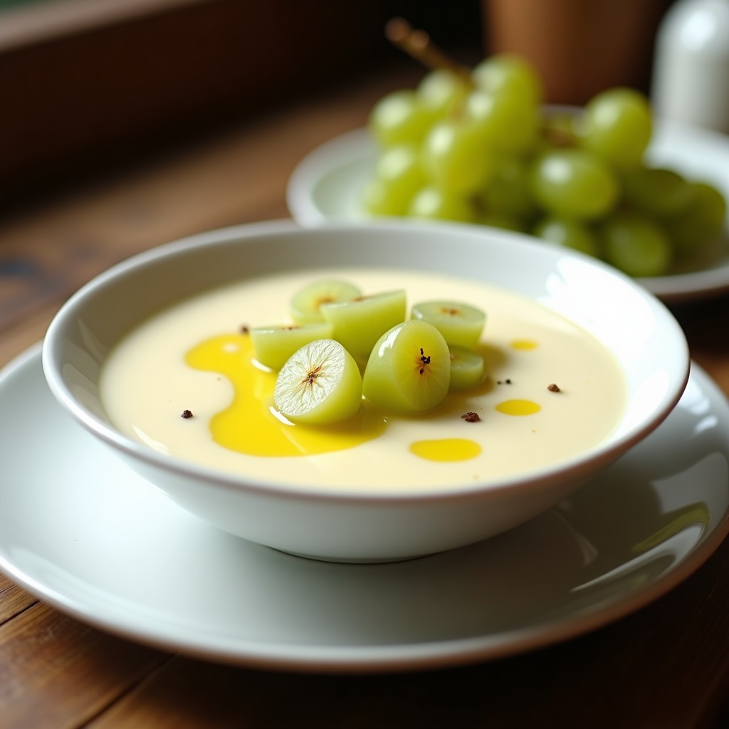 Cuenco de cerámica blanca con crema de ajo blanco cordobés, decorado con uvas verdes y un hilo de aceite de oliva virgen extra, sobre fondo rústico de madera.