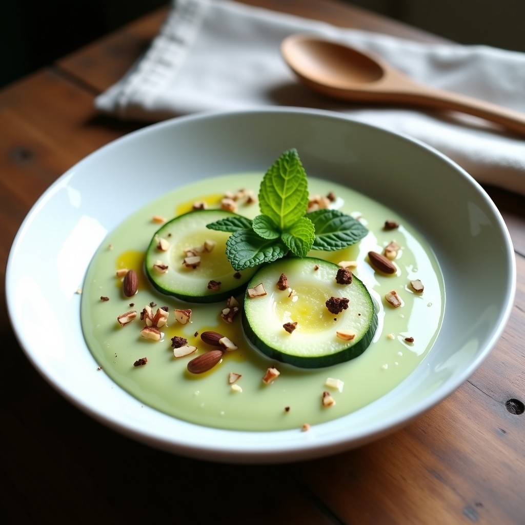 Cuenco blanco con crema fría de calabacín verde, decorada con rodajas de calabacín crudo, virutas de almendra, hojas de menta y un hilo de aceite de trufa negra sobre fondo rústico de madera.