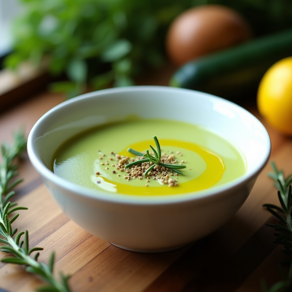 Cuenco de cerámica blanca con crema fría de calabacín de color verde pálido, decorada con hierbas provenzales y un hilo de aceite de oliva, sobre fondo de madera rústica con hierbas frescas al lado.