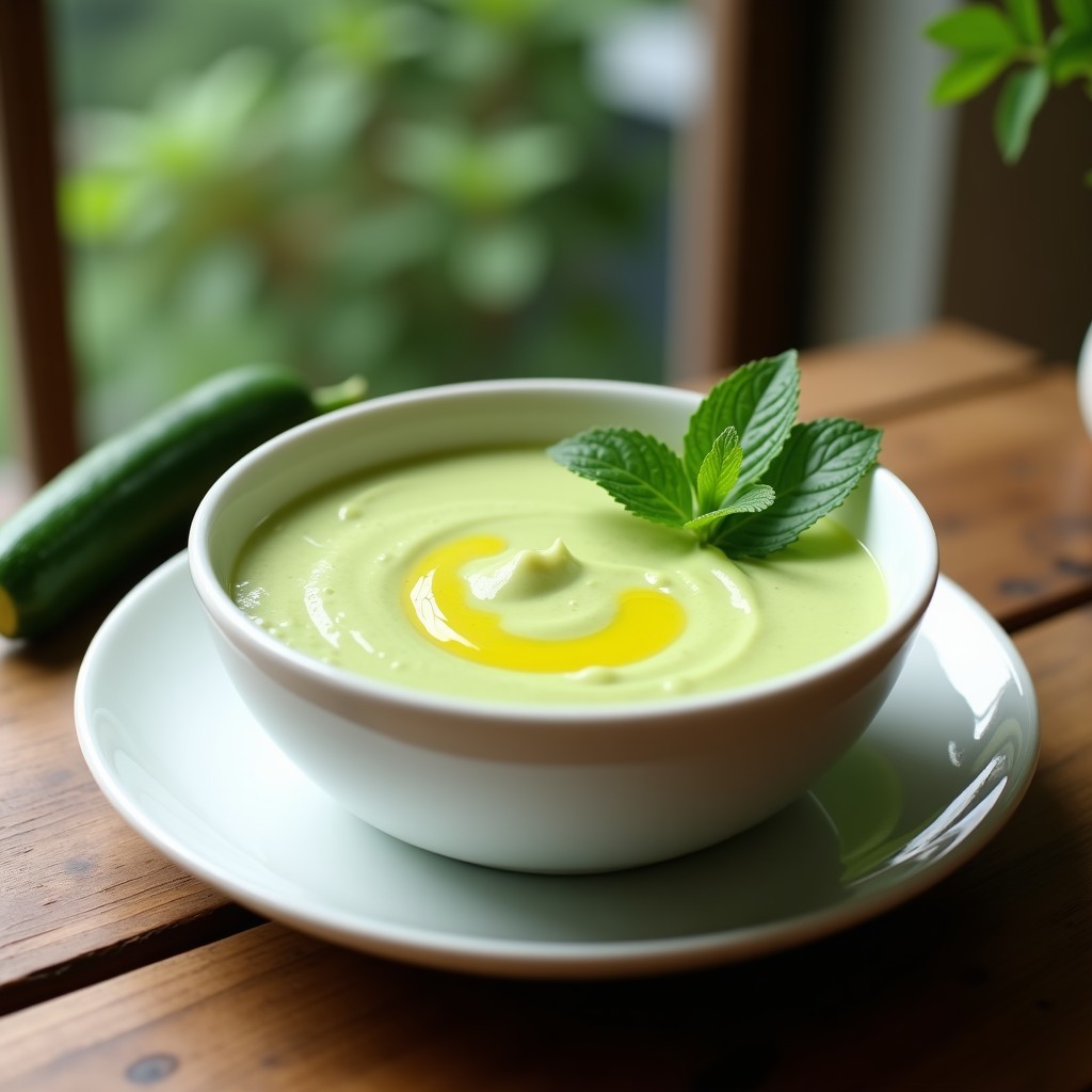 Cuenco de porcelana blanca con crema fría de calabacín y menta, decorada con hojas de menta fresca y un hilo de aceite de oliva virgen extra, servida sobre una mesa de madera rústica con fondo de jardín.
