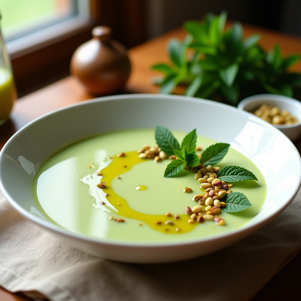Cuenco de porcelana blanca con crema fría de calabacín y pistacho, decorada con pistachos triturados y hojas de menta, sobre un mantel de lino beige con fondo desenfocado.