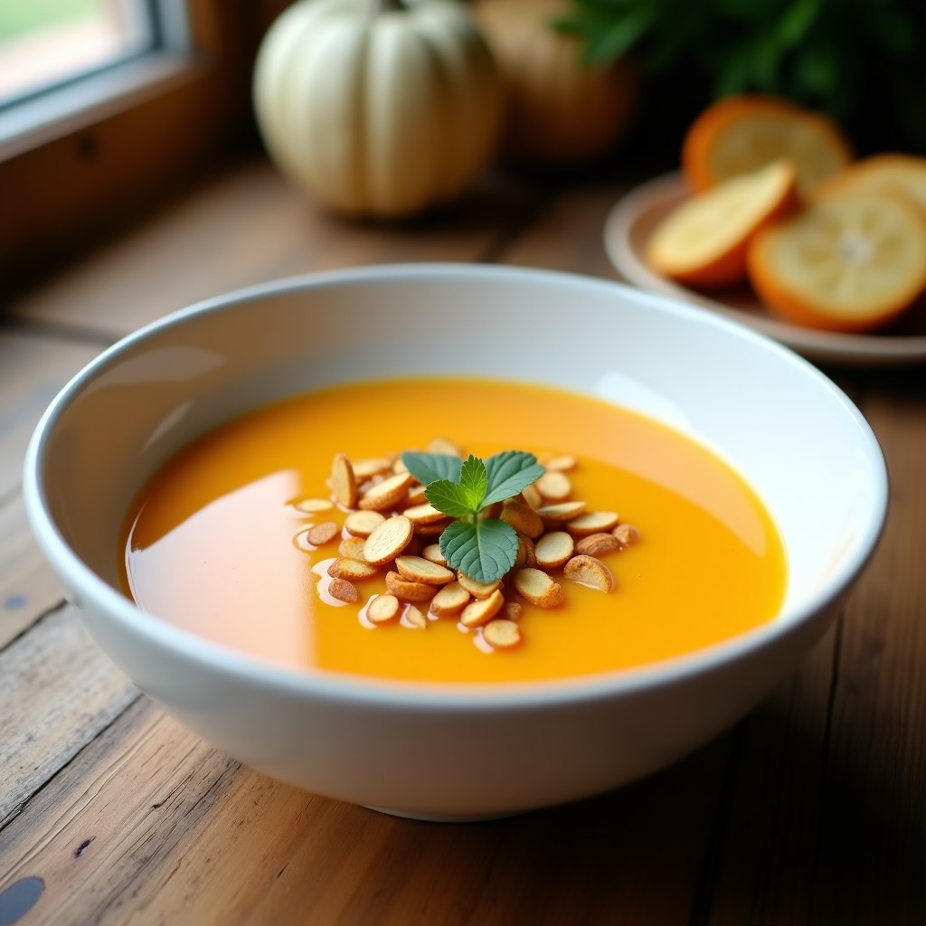 Cuenco blanco con crema fría de calabaza y apio de color naranja suave, decorada con almendras tostadas doradas y hojas de apio, servida sobre una mesa rústica de madera con fondo desenfocado.