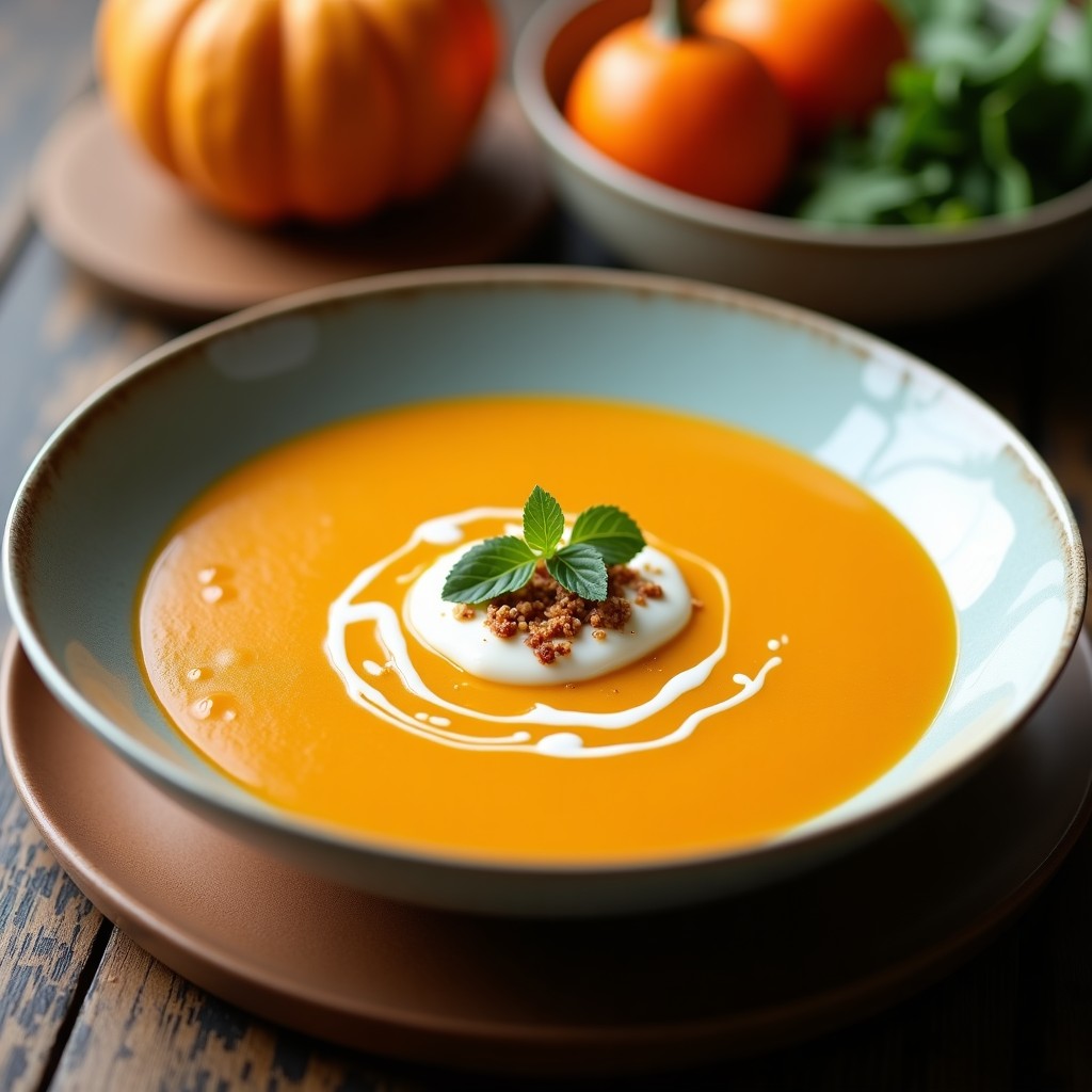 Cuenco de cerámica blanca con crema fría de calabaza y coco de color naranja suave, decorada con cilantro fresco y semillas de calabaza tostadas, servida sobre una mesa de madera rústica con fondo borroso.