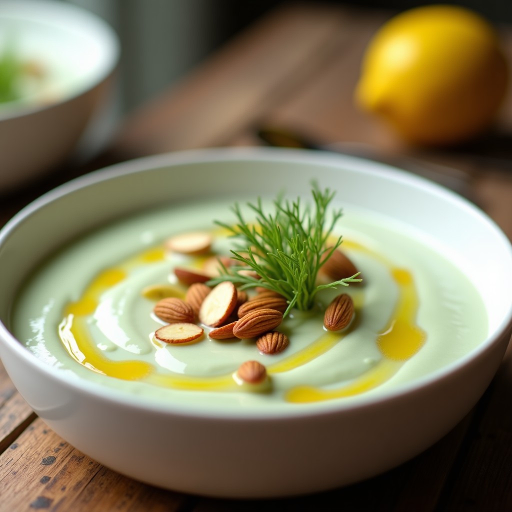 Cuenco blanco elegante con crema fría de espárragos blancos de textura sedosa, bañada con vinagreta dorada de limón confitado. Decorada con cebollino fresco picado y almendras fileteadas tostadas. Fondo de madera clara con toques de luz natural que resaltan el color crema y los detalles cítricos.