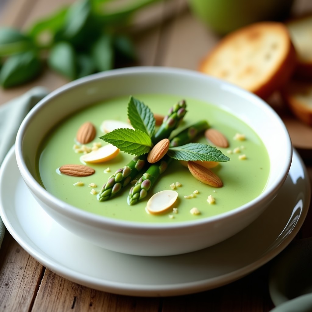 Cuenco blanco con crema fría de espárragos trigueros verde vibrante, decorada con puntas de espárragos, almendras fileteadas y hojas de menta, servida sobre una mesa rústica de madera con pan tostado al lado.